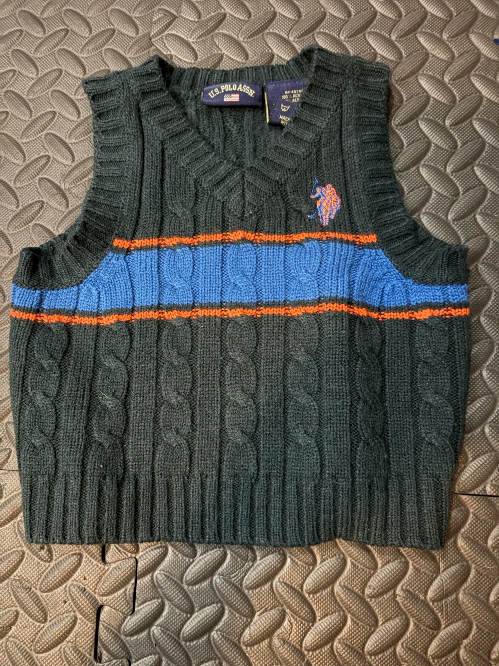 U.S. Polo Assn. Baby  Cable Knit Sweater Vest with Blue and Orange Stripes